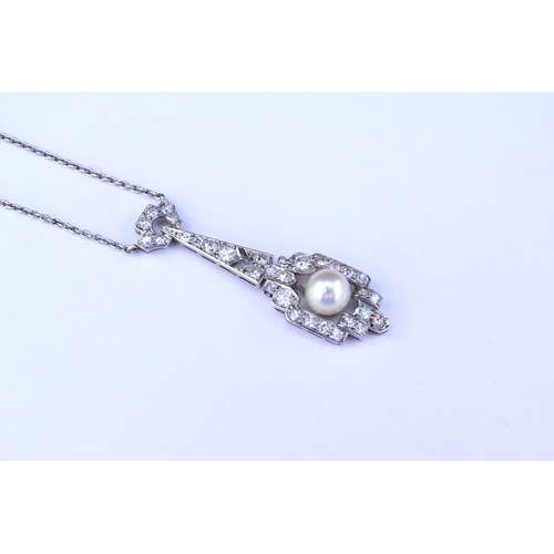 9262 - An Art Deco diamond pendant necklace, the drop set with a single pearl, unmarked white metal, 42cm l... 