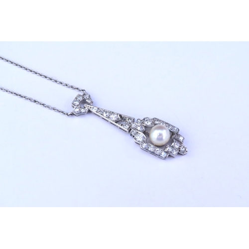 9262 - An Art Deco diamond pendant necklace, the drop set with a single pearl, unmarked white metal, 42cm l... 