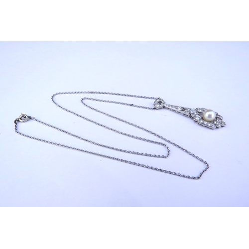 9262 - An Art Deco diamond pendant necklace, the drop set with a single pearl, unmarked white metal, 42cm l... 