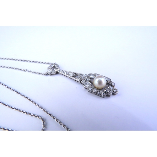 9262 - An Art Deco diamond pendant necklace, the drop set with a single pearl, unmarked white metal, 42cm l... 