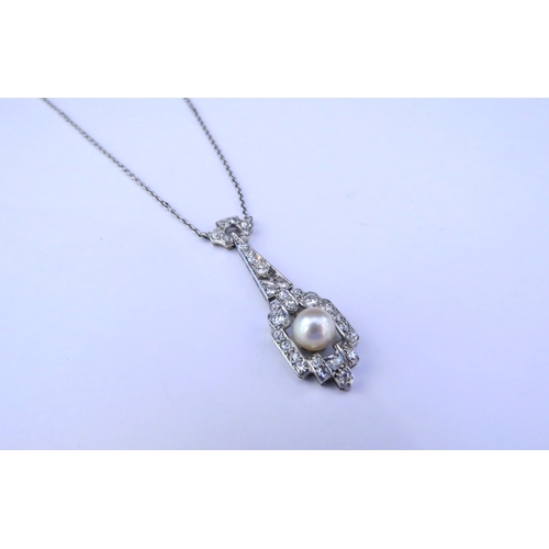 9262 - An Art Deco diamond pendant necklace, the drop set with a single pearl, unmarked white metal, 42cm l... 