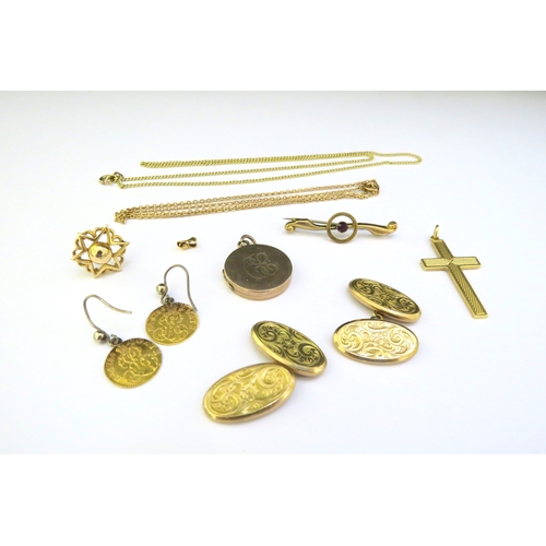 9191 - Gold items including, single earring, cufflinks, cross pendant, 20.9g total