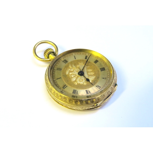 9233 - An 18ct gold cased engraved pocket watch, 19.1g total