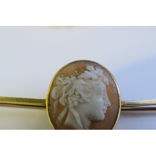 9158 - An unmarked gold cameo brooch and a cameo bar brooch