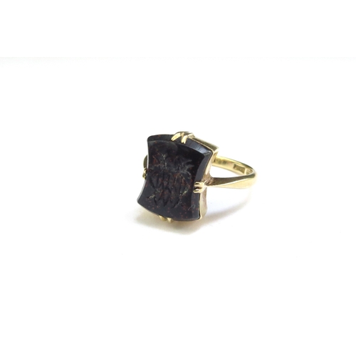 9002 - A 14ct gold signet ring with bloodstone shield monogrammed. Size M, 3.5g  (R)  £80