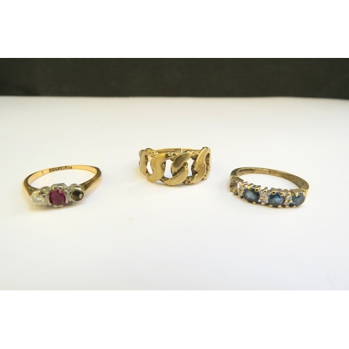 9322 - Three rings all a/f, including 9ct gold ring , cut. A 9ct gold sapphire and diamond ring with one sa... 