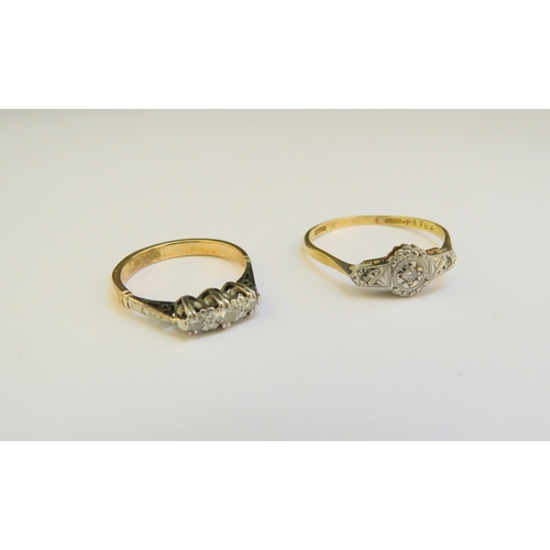 9213 - Two 18ct gold diamond rings, one three stone diamond, size J/K, the other an illusion set diamond ri... 