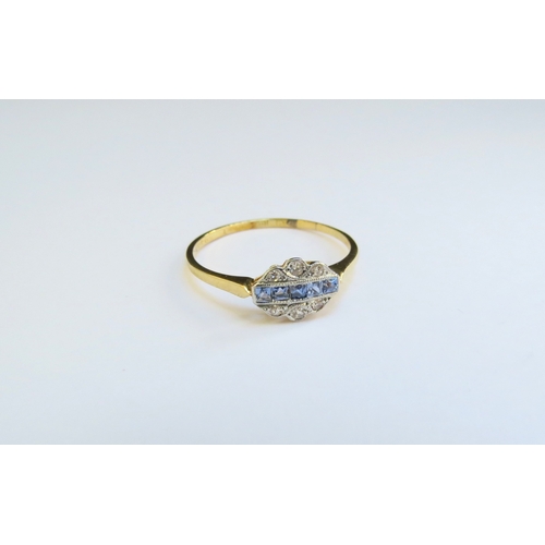 9265 - An art deco style diamond and pale blue sapphire ring, stamped 18ct. Size Q, 1.6g