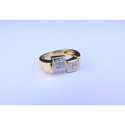 9299 - An 18ct gold crossover ring with two squares set with four diamonds in each. Size K, 5.1g  (C)