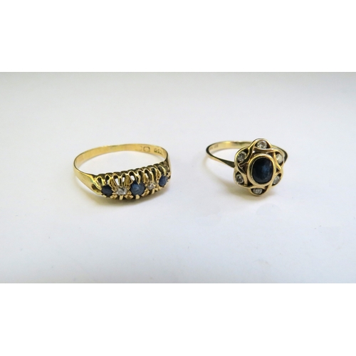 9356 - An 18ct gold sapphire and diamond ring, size S, 2g and a sapphire and diamond cluster ring, size K, ... 