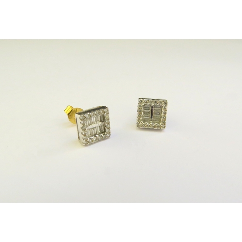 9359 - A pair of white gold diamond square form earrings with brilliant and baguette cut stones, stamped 75... 