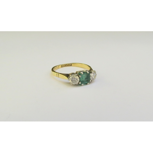 9288 - An emerald and diamond ring, the central square cut emerald 5mm x 5mm flanked by 0.22ct approx diamo... 