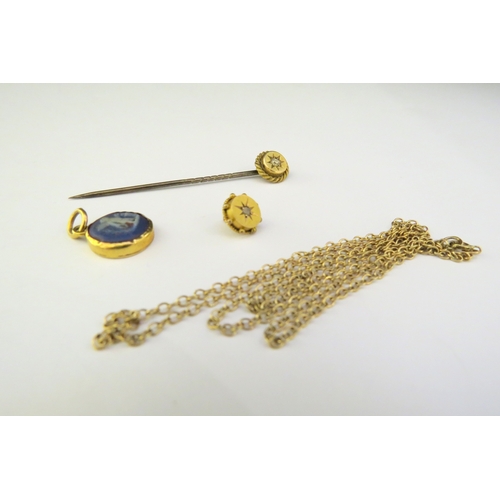 9357 - A 9ct gold chain, 50cm long, 2g, Wedgwood style pendant stamped 9ct, a diamond set stick pin and a d... 