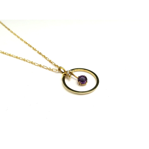 9104 - A gold chain, unmarked, 43cm long hung with an amethyst and pearl pendant in circular frame, stamped... 