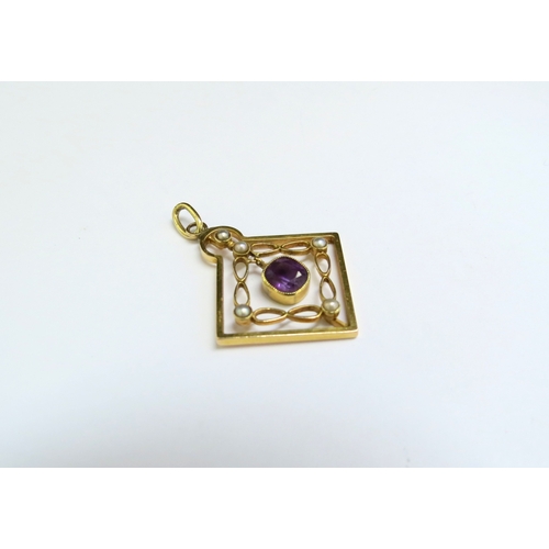 9120 - An Edwardian grey seed pearl and amethyst drop pendant, unmarked gold, 2.9g