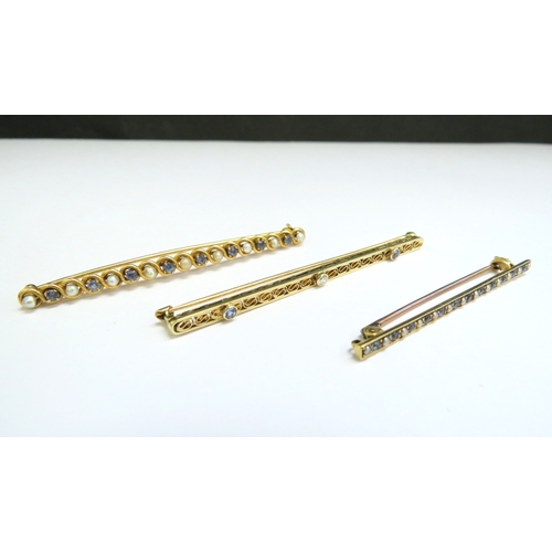 9099 - Three gold bar brooches, including two seed pearl and sapphire and one diamond and sapphire, two mar... 