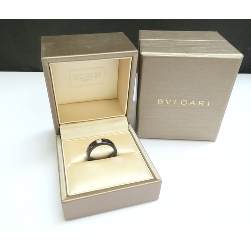 9057 - A Bulgari/Bvlgari black ceramic ring with diamond, set in 18ct white gold. Size K, boxed  (C)