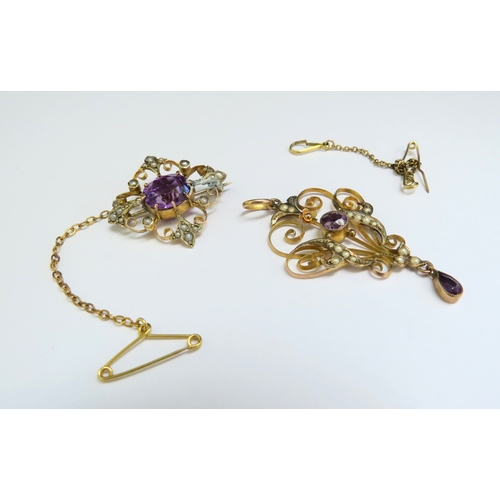 9095 - An Edwardian style amethyst and seed pearl brooch and pendant, a/f, stamped 9ct, 6.2g