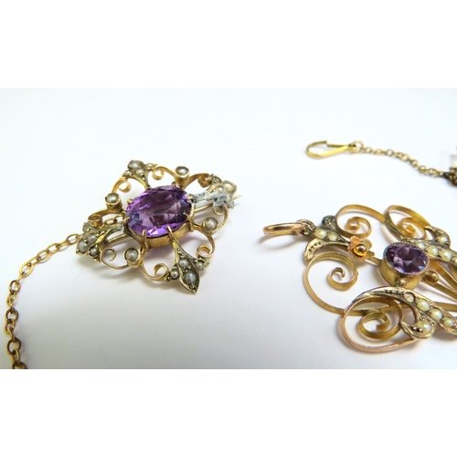 9095 - An Edwardian style amethyst and seed pearl brooch and pendant, a/f, stamped 9ct, 6.2g