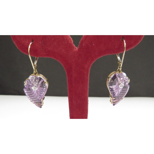 9054 - A pair of flame cut Zambian amethyst and diamond earrings, stamped 9k, with certificate