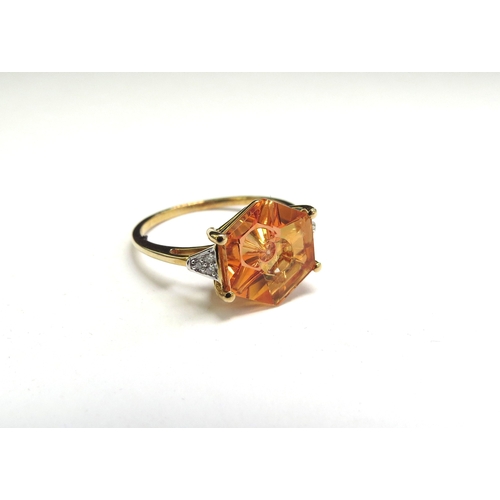 9074 - A Quasar cut Padparadscha quartz and diamond ring, shank stamped 9k, with certificate. Size Q, 2.3g