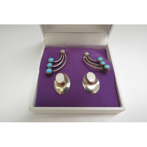 9108 - Two pairs of earrings for pierced ears, turquoise and opal, stamped silver, 925