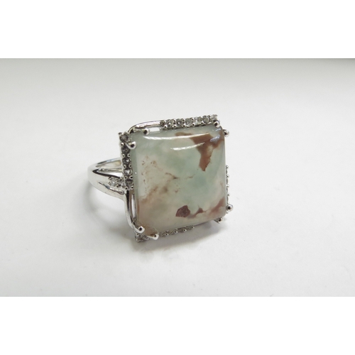 9123 - An aquaprase square cushion form ring, stamped 925. Size O, 5.2g  (R)  £15