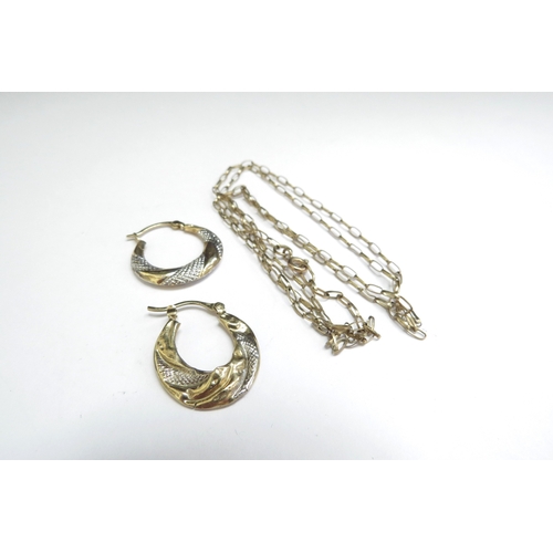 9094 - A 9ct gold neckchain, 62cm long and a pair of gold earrings one damaged, 3.6g