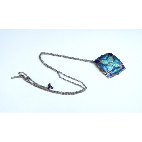 9011 - An Art Nouveau silver enamelled pendant in greens and blues 2.5cm x 2.5cm hung on a chain, clasp bro... 