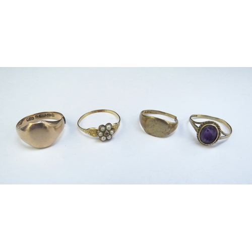 9245 - Three 9ct gold rings and another unmarked, two cut, the others mis-shaped, 7.7g