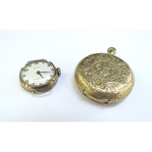 9102 - A 9ct gold watch face, 7.9g total and a gold pocket watch with engraved decoration, stamped 18k, 33.... 