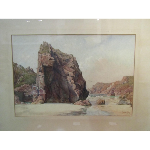 4072 - LEONARD EASLEY: An oil painting of cliff side coastal scene; signed lower right, 31cm x 46cm image s... 