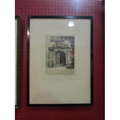 4088 - A William (Willie) Rawson etching of Cartmel, pencil signed, framed and glazed, 20cm x 15cm image si... 