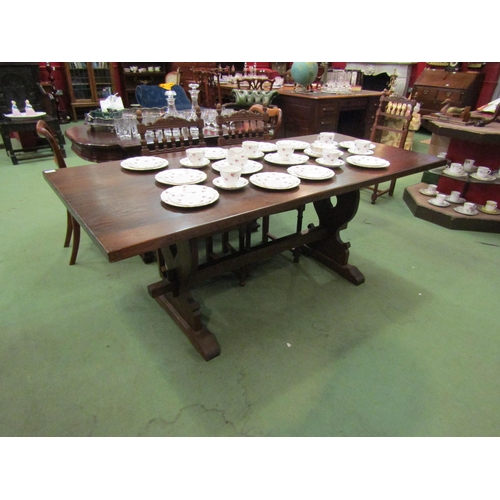 4100 - An oak refectory table on sledge feet with stretcher, 72cm tall x 181cm long x 82cm wide