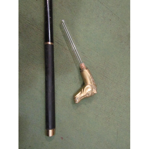 4111 - Two horn handled walking sticks, brass horse head handled walking stick with test tube flask to inte... 