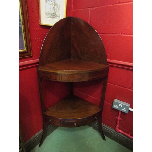 4115 - A George III mahogany two tier corner washstand the removable shelf top and raised back over a singl... 