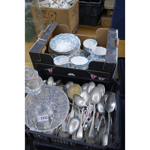 2322 - A box of flatware, ships decanter and box of Avon china