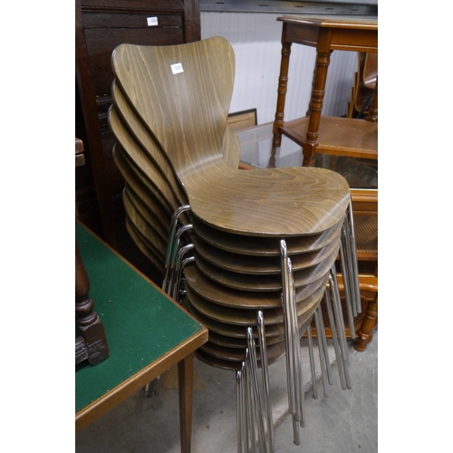 2352 - Ten bent ply and chrome leg stacking chairs