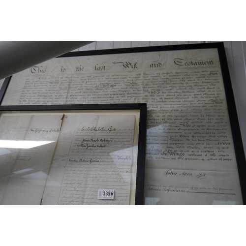 2356 - Framed and dated 1820 John Ives last will and testament on parchment with original wax seal together... 