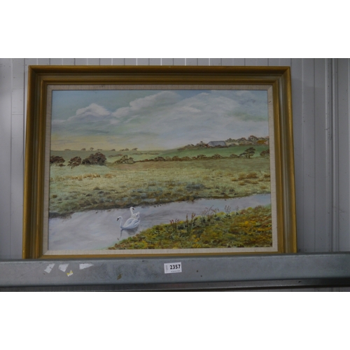 2357 - K.J.Jennings: A framed oil on board of swans on the river   (E)  £10-15