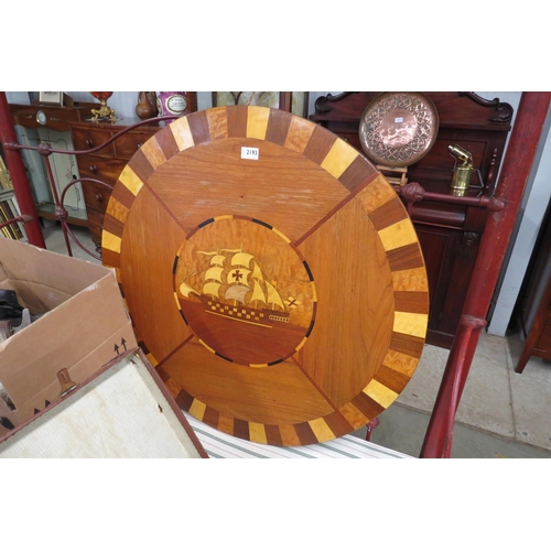 2193 - An ornate inlaid circular occasional table with galleon to centre 83cm diameter