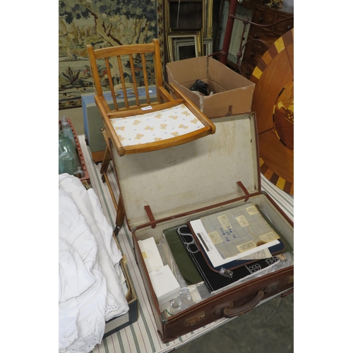 2194 - A child's chair and a suitcase of ephemera and dolls house furniture