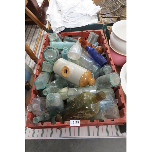 2199 - WITHDRAWN - A box of Vintage glass bottles and stoneware warming bottles