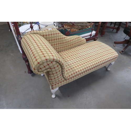 2200 - A petite chaise longue, newly upholstered, short cabriole legs, approximately 130cm x 55cm x 75cm