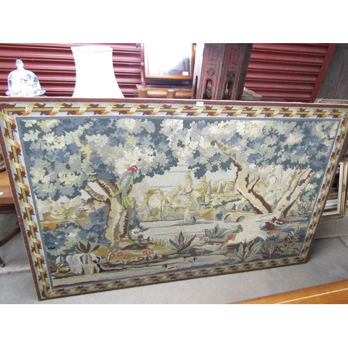 2097 - A handmade tapestry panel of castle and exotic birds mounted on plywood panel, approximately 210cm x... 