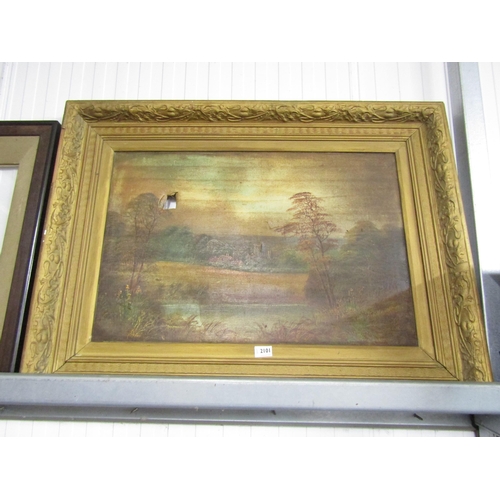 2101 - A Victorian gilt framed oil on canvas village scape, spy hole to canvas