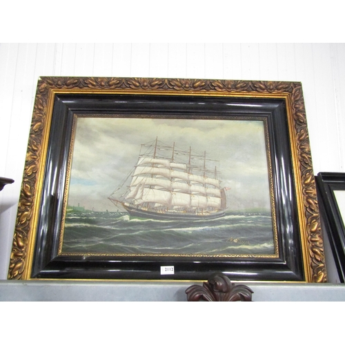 2112 - An ornate black and gold framed oil on canvas of a Danish  sail ship at sea