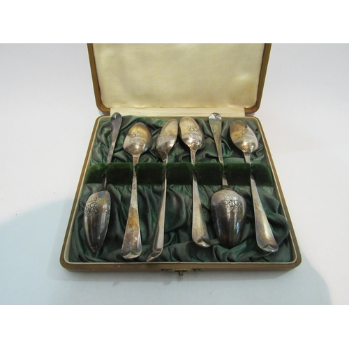 4327 - A cased set of six silver teaspoons, finely decorated on the underside of spoon together with anothe... 