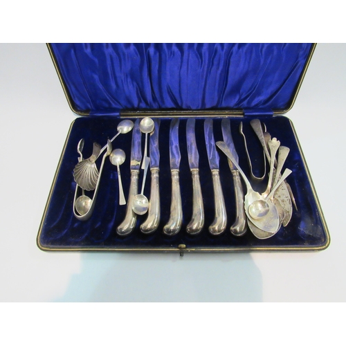 4329 - A part set of silver handled knives, cased, together with other silver spoons, shell caddy spoon etc... 