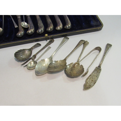 4329 - A part set of silver handled knives, cased, together with other silver spoons, shell caddy spoon etc... 